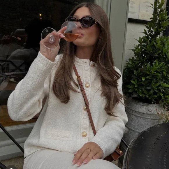 NEW Gold Button Tweed Textured Knit Sweater Cardigan Jacket - Cream Ivory - Picture 6 of 14